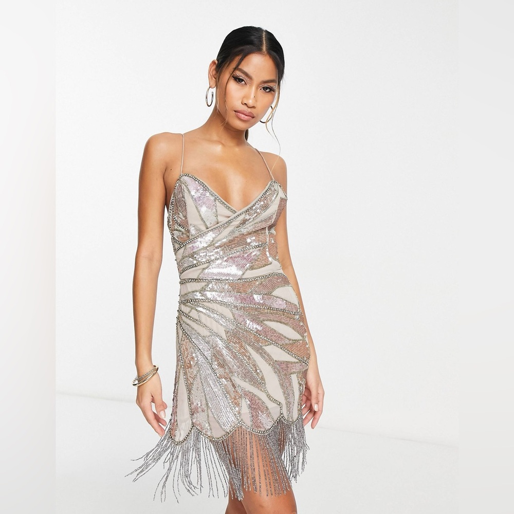 ASOS DESIGN embellished wrap mini dress with fringe beaded hem in blush